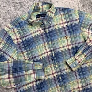 Polo Ralph Lauren Shirt Men XL Pastel Blue Plaid Oxford Cotton Flesh Pony Easter